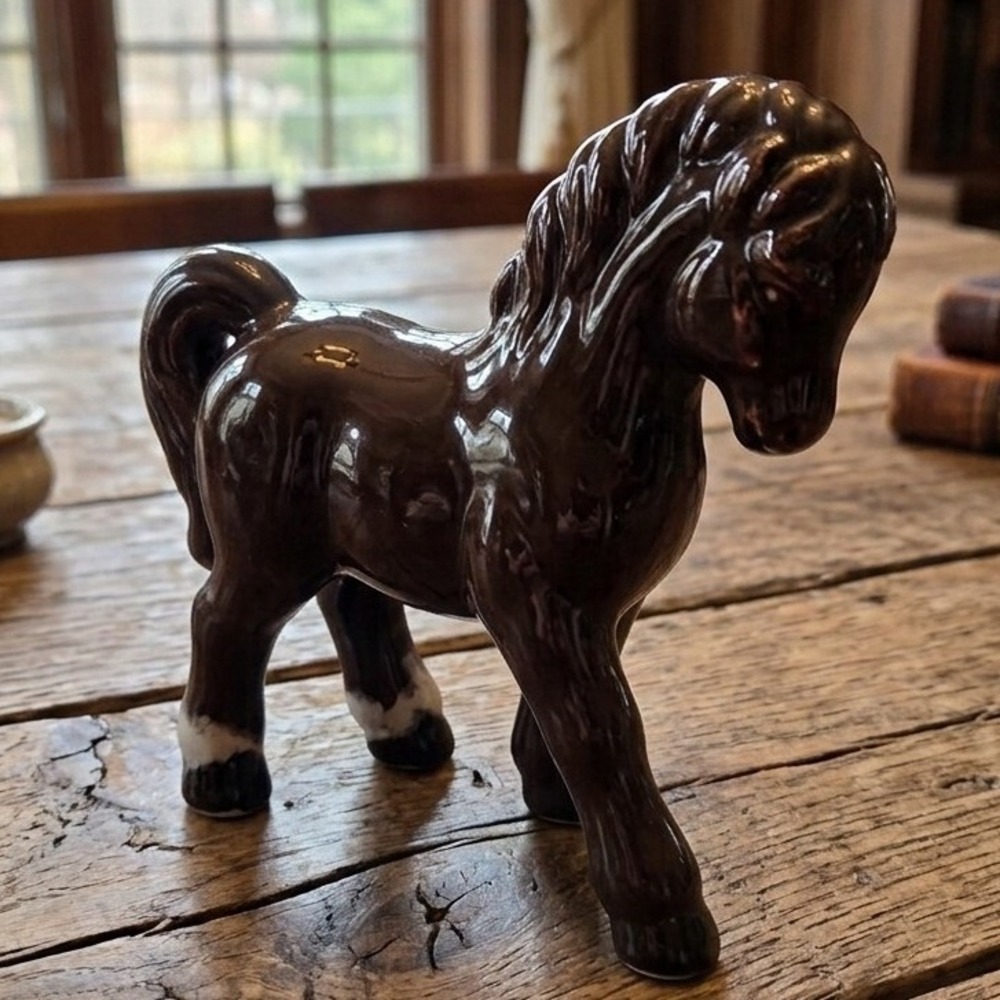 Vintage Ceramic Horse Figurine High Gloss Brown Stallion Pottery Decor 6.5 Inch